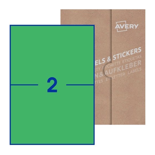 Hoja blanca con 2 etiquetas rectangulares 210x148mm con embalaje de papel - Etiquetas adhesivas rectangulares Avery 210 x 148mm