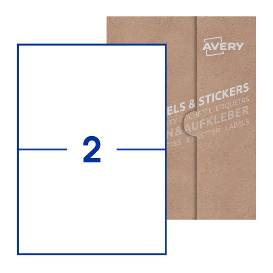 Hoja blanca con 2 etiquetas rectangulares 210x148mm con embalaje de papel - Etiquetas adhesivas rectangulares Avery 210 x 148mm