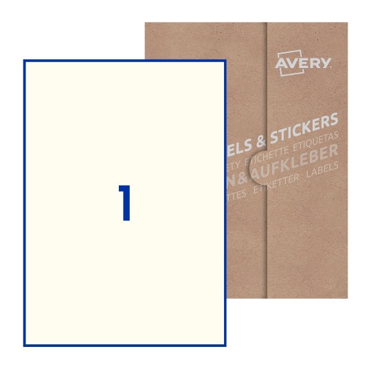 Hoja blanca con 1 etiqueta rectangular 210x297mm con embalaje de papel - Etiquetas adhesivas rectangulares Avery 210 x 297mm