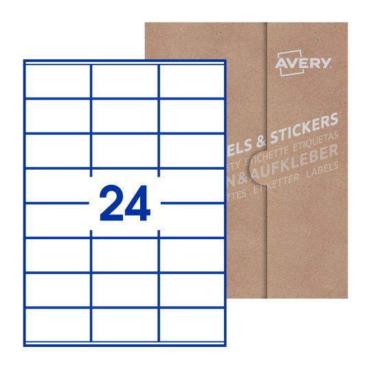 Hoja blanca con 24 etiquetas rectangulares 70x36mm con embalaje de papel - Etiquetas adhesivas rectangulares 70 x 36 mm 