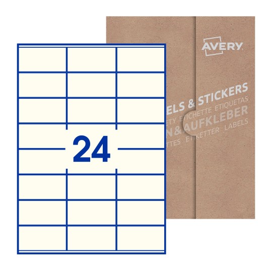 Hoja blanca con 24 etiquetas rectangulares 70x36mm con embalaje de papel - Etiquetas adhesivas rectangulares 70 x 36 mm 
