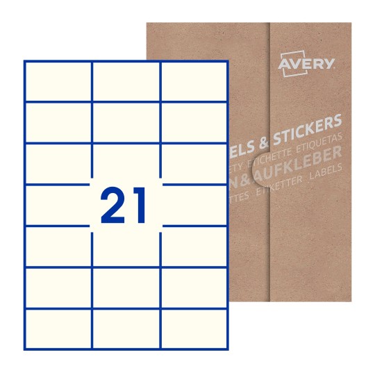 Hoja blanca con 21 etiquetas rectangulares 70x42mm con embalaje de papel - Etiquetas adhesivas rectangulares Avery 70 x 42mm
