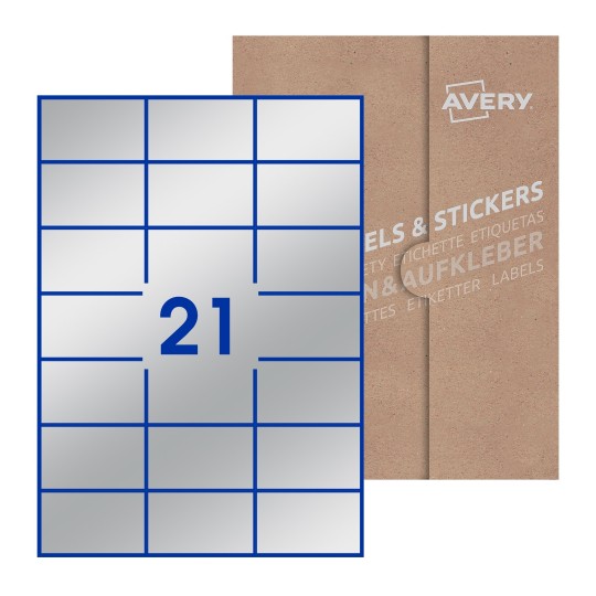 Hoja blanca con 21 etiquetas rectangulares 70x42mm con embalaje de papel - Etiquetas adhesivas rectangulares Avery 70 x 42mm