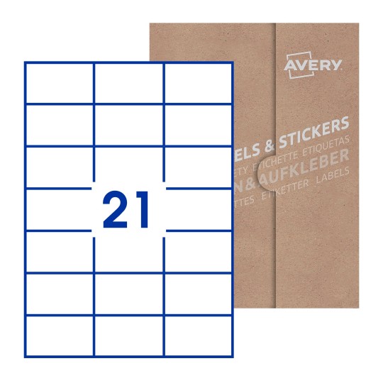 Hoja blanca con 21 etiquetas rectangulares 70x42mm con embalaje de papel - Etiquetas adhesivas rectangulares Avery 70 x 42mm