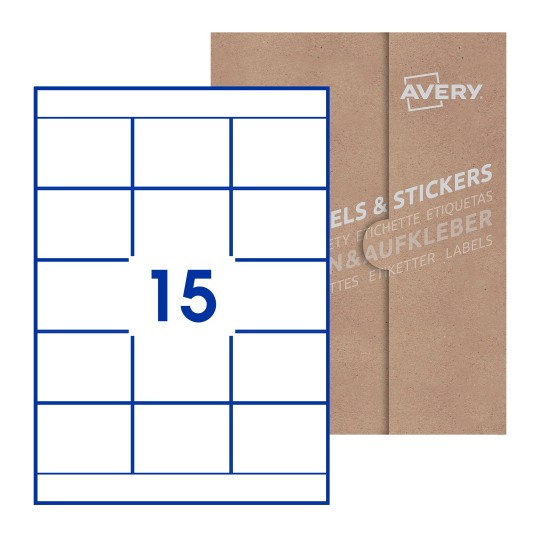 Hoja blanca con 15 etiquetas rectangulares 70x51mm con embalaje de papel - Etiquetas adhesivas rectangulares Avery 70 x 51mm