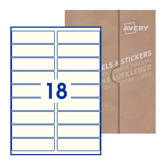 Hoja blanca con 18 etiquetas rectangulares 100x30mm con embalaje de papel - Etiquetas adhesivas rectangulares Avery 100 x 30mm