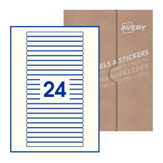 Hoja blanca con 24 etiquetas rectangulares 134x11mm con embalaje de papel - Etiquetas adhesivas rectangulares Avery 134 x 11mm