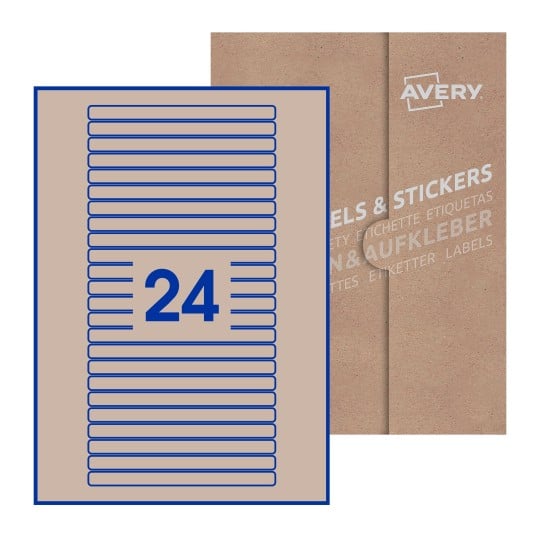 Hoja blanca con 24 etiquetas rectangulares 134x11mm con embalaje de papel - Etiquetas adhesivas rectangulares Avery 134 x 11mm
