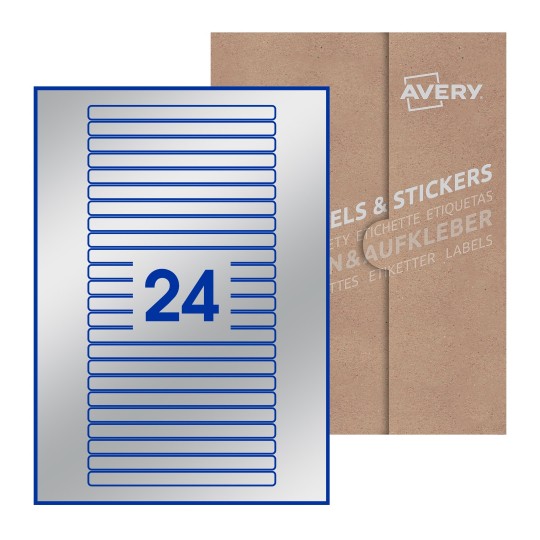 Hoja blanca con 24 etiquetas rectangulares 134x11mm con embalaje de papel - Etiquetas adhesivas rectangulares Avery 134 x 11mm