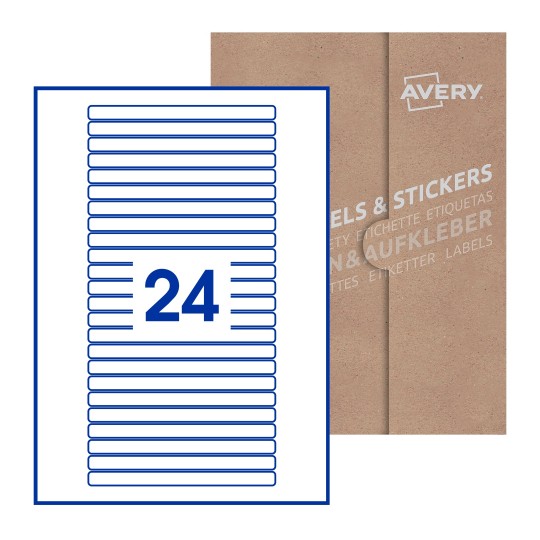 Hoja blanca con 24 etiquetas rectangulares 134x11mm con embalaje de papel - Etiquetas adhesivas rectangulares Avery 134 x 11mm