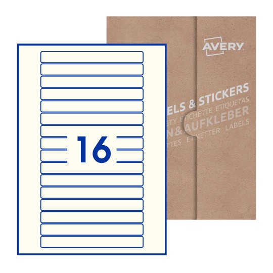 Hoja blanca con 16 etiquetas rectangulares 145x17mm con embalaje de papel - Etiquetas adhesivas rectangulares Avery 145 x 17mm