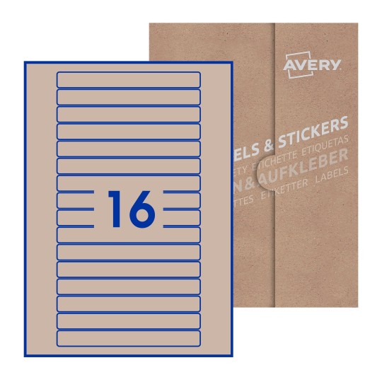 Hoja blanca con 16 etiquetas rectangulares 145x17mm con embalaje de papel - Etiquetas adhesivas rectangulares Avery 145 x 17mm