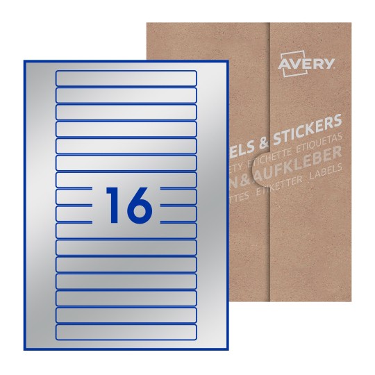 Hoja blanca con 16 etiquetas rectangulares 145x17mm con embalaje de papel - Etiquetas adhesivas rectangulares Avery 145 x 17mm