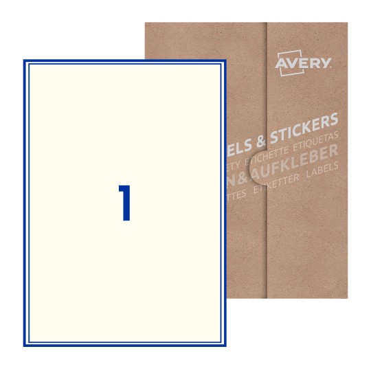 Hoja blanca con 1 etiqueta rectangular 200x289mm con embalaje de papel - Etiquetas adhesivas rectangulares Avery 200 x 289mm