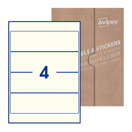 Hoja blanca con 4 etiquetas rectangulares 200x60mm con embalaje de papel - Etiquetas adhesivas rectangulares Avery 200 x 60mm