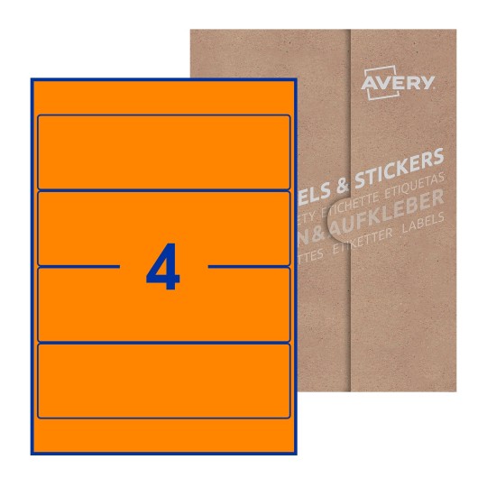 Hoja blanca con 4 etiquetas rectangulares 200x60mm con embalaje de papel - Etiquetas adhesivas rectangulares Avery 200 x 60mm
