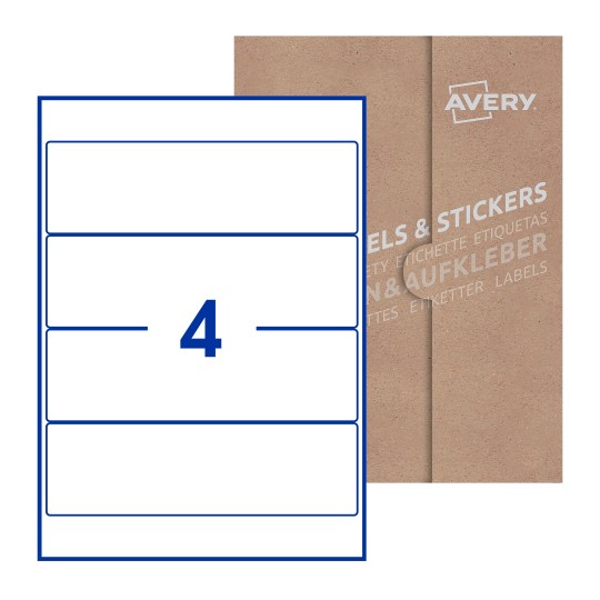 Hoja blanca con 4 etiquetas rectangulares 200x60mm con embalaje de papel - Etiquetas adhesivas rectangulares Avery 200 x 60mm