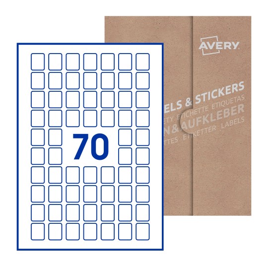 Hoja blanca con 70 etiquetas rectangulares 20x25mm con embalaje de papel - Etiquetas adhesivas rectangulares Avery 20 x 25mm