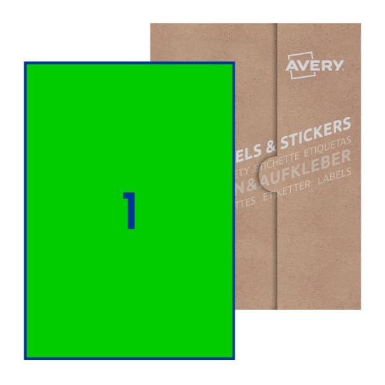 Hoja blanca con 1 etiqueta rectangular 210x297mm con embalaje de papel - Etiquetas adhesivas rectangulares Avery 210 x 297mm