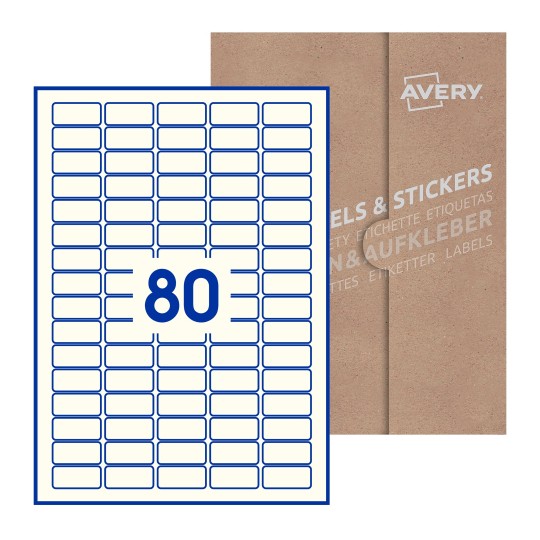 Hoja blanca con 80 etiquetas rectangulares 36x17mm con embalaje de papel - Etiquetas adhesivas rectangulares Avery 36 x 17mm