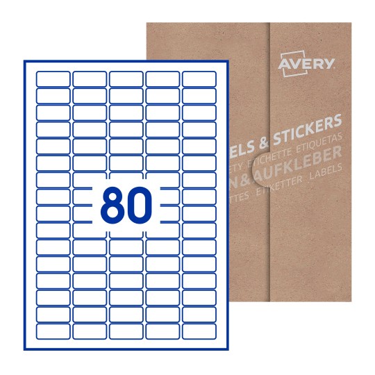 Hoja blanca con 80 etiquetas rectangulares 36x17mm con embalaje de papel - Etiquetas adhesivas rectangulares Avery 36 x 17mm