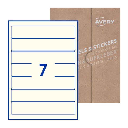 Hoja blanca con 7 etiquetas rectangulares 38x192mm con embalaje de papel - Etiquetas adhesivas rectangulares Avery 38 x 192mm