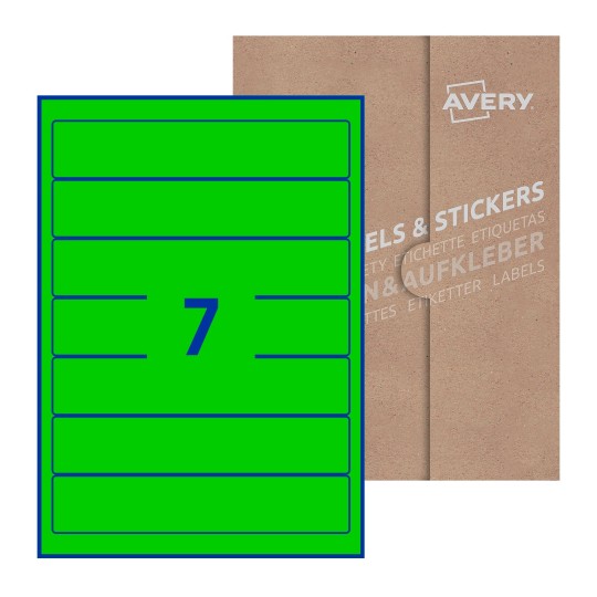 Hoja blanca con 7 etiquetas rectangulares 38x192mm con embalaje de papel - Etiquetas adhesivas rectangulares Avery 38 x 192mm