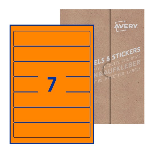 Hoja blanca con 7 etiquetas rectangulares 38x192mm con embalaje de papel - Etiquetas adhesivas rectangulares Avery 38 x 192mm