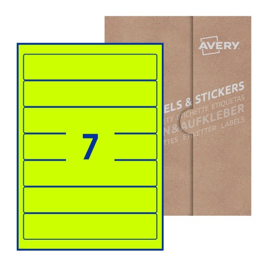 Hoja blanca con 7 etiquetas rectangulares 38x192mm con embalaje de papel - Etiquetas adhesivas rectangulares Avery 38 x 192mm