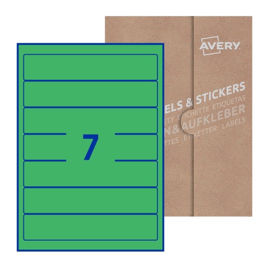 Hoja blanca con 7 etiquetas rectangulares 38x192mm con embalaje de papel - Etiquetas adhesivas rectangulares Avery 38 x 192mm