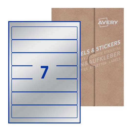 Hoja blanca con 7 etiquetas rectangulares 38x192mm con embalaje de papel - Etiquetas adhesivas rectangulares Avery 38 x 192mm