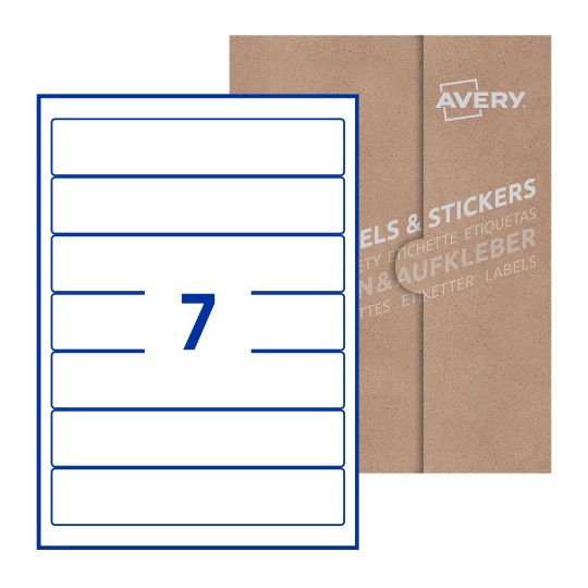 Hoja blanca con 7 etiquetas rectangulares 38x192mm con embalaje de papel - Etiquetas adhesivas rectangulares Avery 38 x 192mm