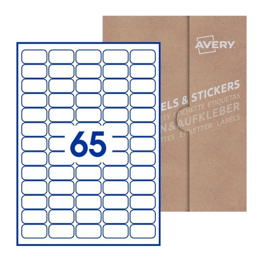 Hoja blanca con 65 etiquetas rectangulares 38x21mm con embalaje de papel - Etiquetas adhesivas rectangulares Avery 38 x 21mm