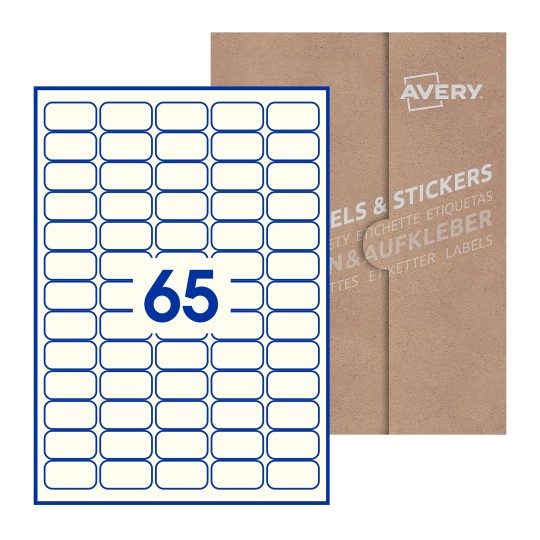 Hoja blanca con 65 etiquetas rectangulares 38x21mm con embalaje de papel - Etiquetas adhesivas rectangulares Avery 38 x 21mm