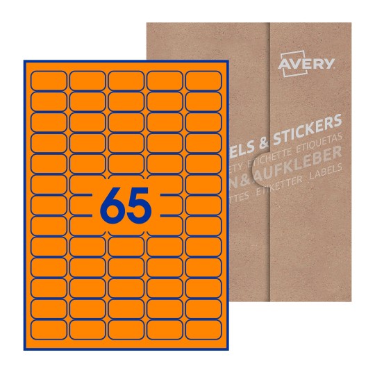 Hoja blanca con 65 etiquetas rectangulares 38x21mm con embalaje de papel - Etiquetas adhesivas rectangulares Avery 38 x 21mm