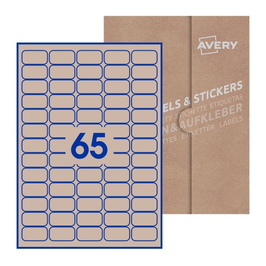 Hoja blanca con 65 etiquetas rectangulares 38x21mm con embalaje de papel - Etiquetas adhesivas rectangulares Avery 38 x 21mm
