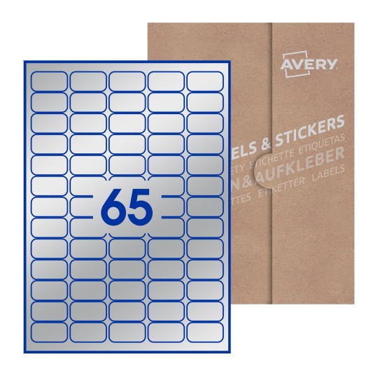 Hoja blanca con 65 etiquetas rectangulares 38x21mm con embalaje de papel - Etiquetas adhesivas rectangulares Avery 38 x 21mm