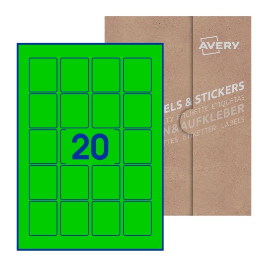Hoja blanca con 20 etiquetas rectangulares 41x50mm con embalaje de papel - Etiquetas adhesivas rectangulares Avery 41 x 50mm