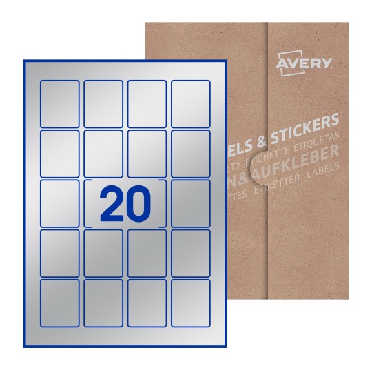 Hoja blanca con 20 etiquetas rectangulares 41x50mm con embalaje de papel - Etiquetas adhesivas rectangulares Avery 41 x 50mm