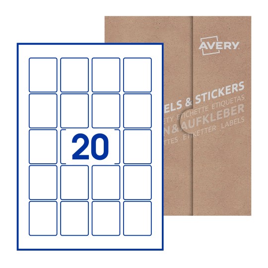 Hoja blanca con 20 etiquetas rectangulares 41x50mm con embalaje de papel - Etiquetas adhesivas rectangulares Avery 41 x 50mm
