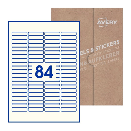 Hoja blanca con 84 etiquetas rectangulares 46x11mm con embalaje de papel - Etiquetas adhesivas rectangulares Avery 46 x 11mm