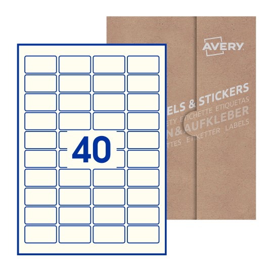 Hoja blanca con 40 etiquetas rectangulares 46x25mm con embalaje de papel - Etiquetas adhesivas rectangulares Avery 46 x 25mm