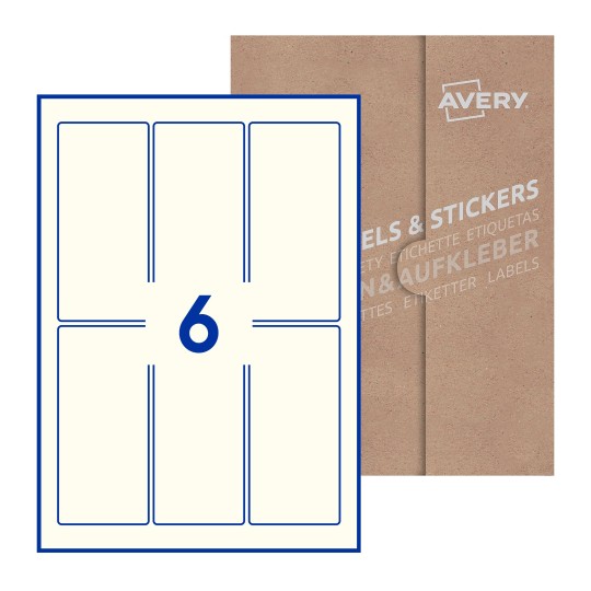 Hoja blanca con 6 etiquetas rectangulares 60x130mm con embalaje de papel - Etiquetas adhesivas rectangulares Avery 60 x 130mm  