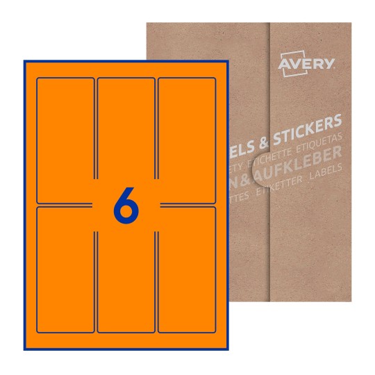 Hoja blanca con 6 etiquetas rectangulares 60x130mm con embalaje de papel - Etiquetas adhesivas rectangulares Avery 60 x 130mm  