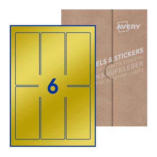 Hoja blanca con 6 etiquetas rectangulares 60x130mm con embalaje de papel - Etiquetas adhesivas rectangulares Avery 60 x 130mm  