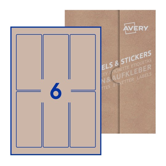 Hoja blanca con 6 etiquetas rectangulares 60x130mm con embalaje de papel - Etiquetas adhesivas rectangulares Avery 60 x 130mm  