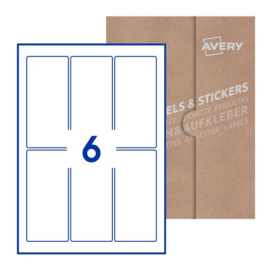 Hoja blanca con 6 etiquetas rectangulares 60x130mm con embalaje de papel - Etiquetas adhesivas rectangulares Avery 60 x 130mm  