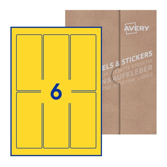 Hoja blanca con 6 etiquetas rectangulares 60x130mm con embalaje de papel - Etiquetas adhesivas rectangulares Avery 60 x 130mm  