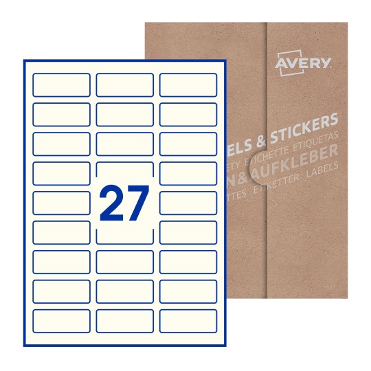 Hoja blanca con 27 etiquetas rectangulares 60x25mm con embalaje de papel - Etiquetas adhesivas rectangulares Avery 60 x 25mm