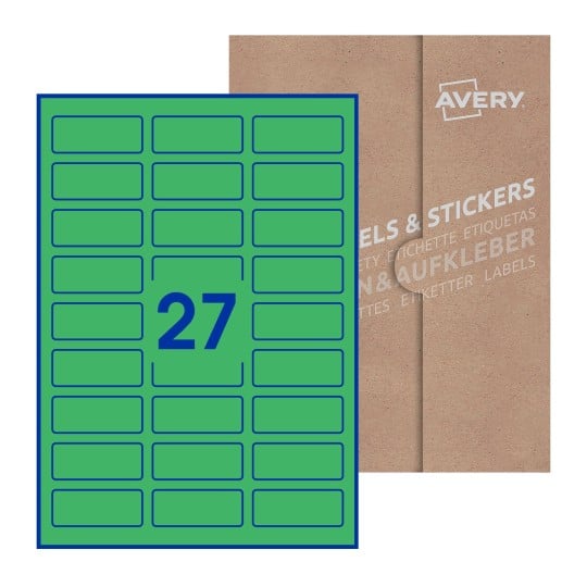 Hoja blanca con 27 etiquetas rectangulares 60x25mm con embalaje de papel - Etiquetas adhesivas rectangulares Avery 60 x 25mm